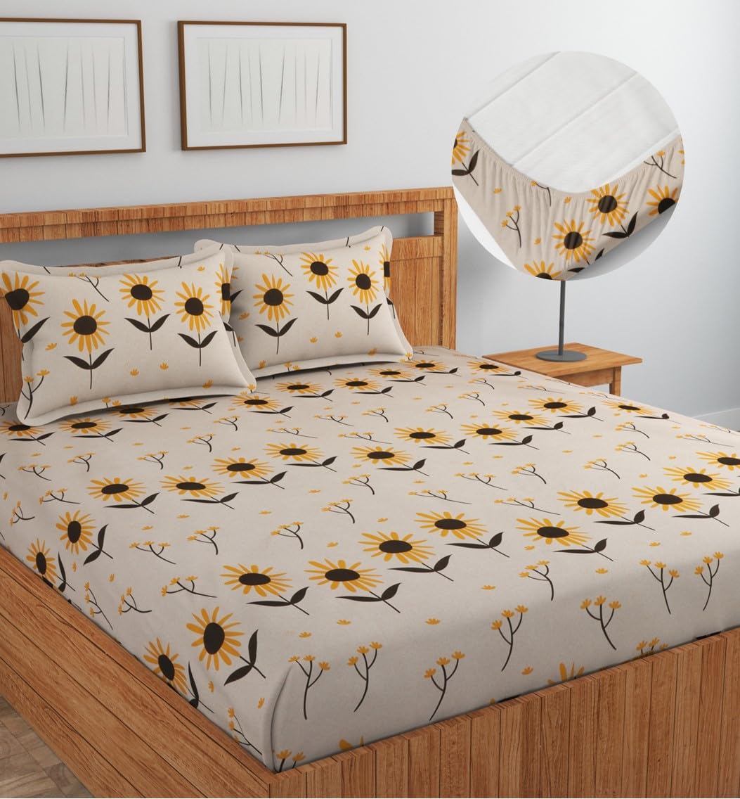 NEW LEAF Cotton Fitted King Bedsheets with 2 Pillow Covers | Elastic Fitted | Wrinklefree | Ultrasoft |Winter Bedsheet 200 to 220 tc Floral | 78x72+8 Inches, Floral Sunflower-image-23
