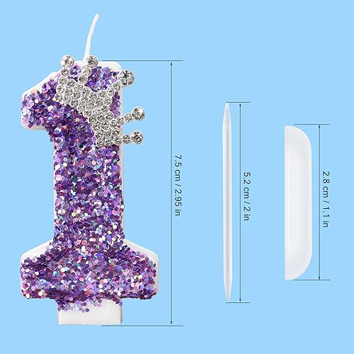 Miniatura 4 de Velas de cumpleaños con número 1, corona morada para tartas, decoración de pastel número 1 con lentejuelas para suministros de celebración de