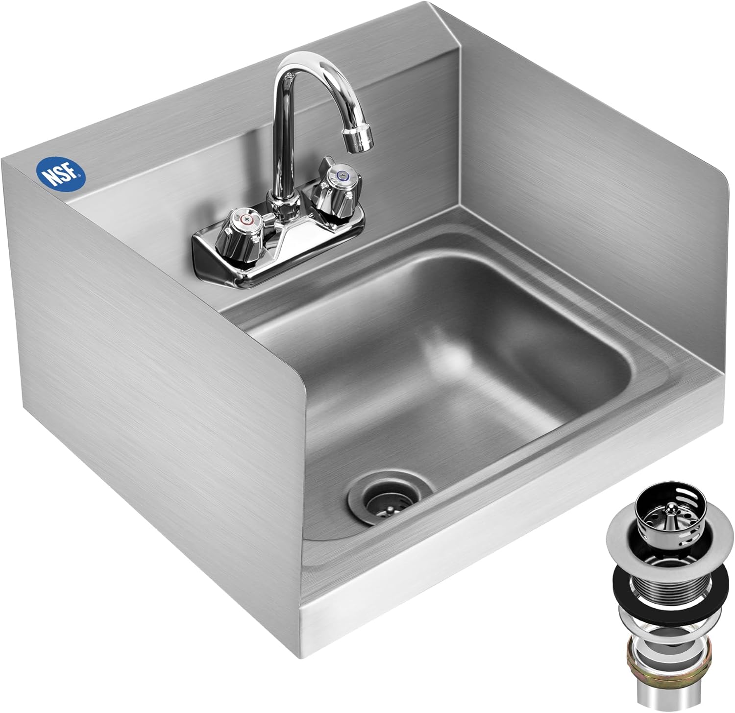 Stainless Steel Hand Sink NSF 17" x 15" Commercial Wall Mount Sink, with Side Splash Guard, Strainer and Faucet, Perfect for Home, Stores, Restaurants, Bars
