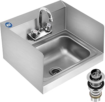 BIEAMA NSF 17" x 15" Hand Sink, Stainless Steel Wall Mount, Side Splashes | Includes gooseneck faucet and strainer, designed for easy installation in restaurants, bars, cafes, laundry rooms and garages