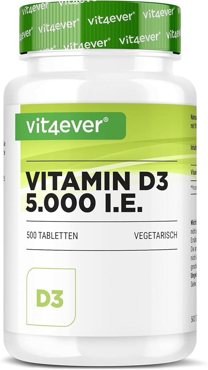Vitamin D3 5000 I.E. Depot - 500 Tabletten - Hochdosiert - Laborgeprüft - Vegetarisch - Hohe Reinheit - 5 Tagesdosis 1000 I.E. pro Tag - Premium Qualität