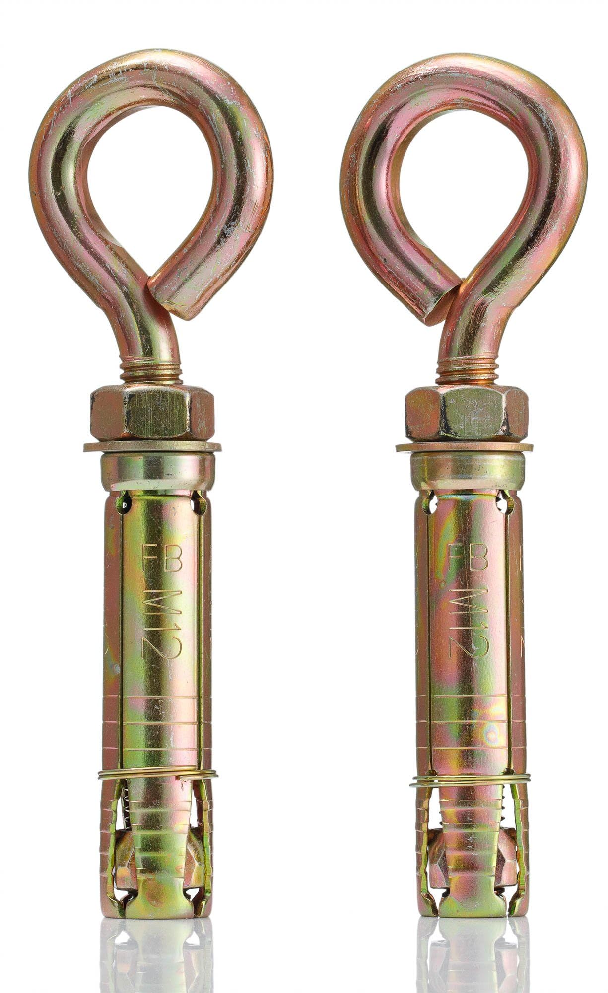 Bullone ad occhiello M12 x 90 mm per muratura con dado esagonale, vite in acciaio zincato giallo con anello per fissaggio resistente, 2 pezzi