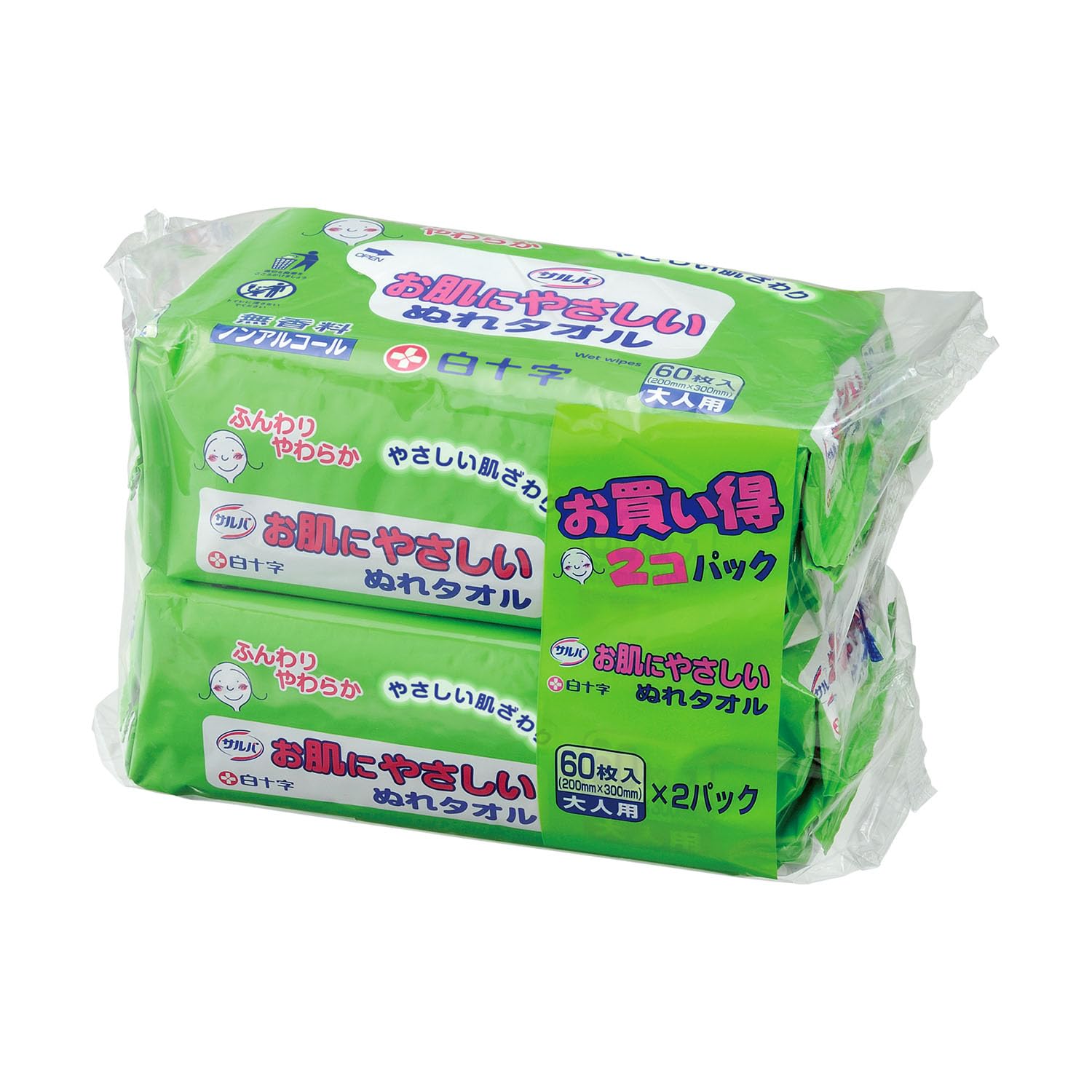 サルバ 白十字 お肌にやさしい ぬれタオル 60枚×2個 大判