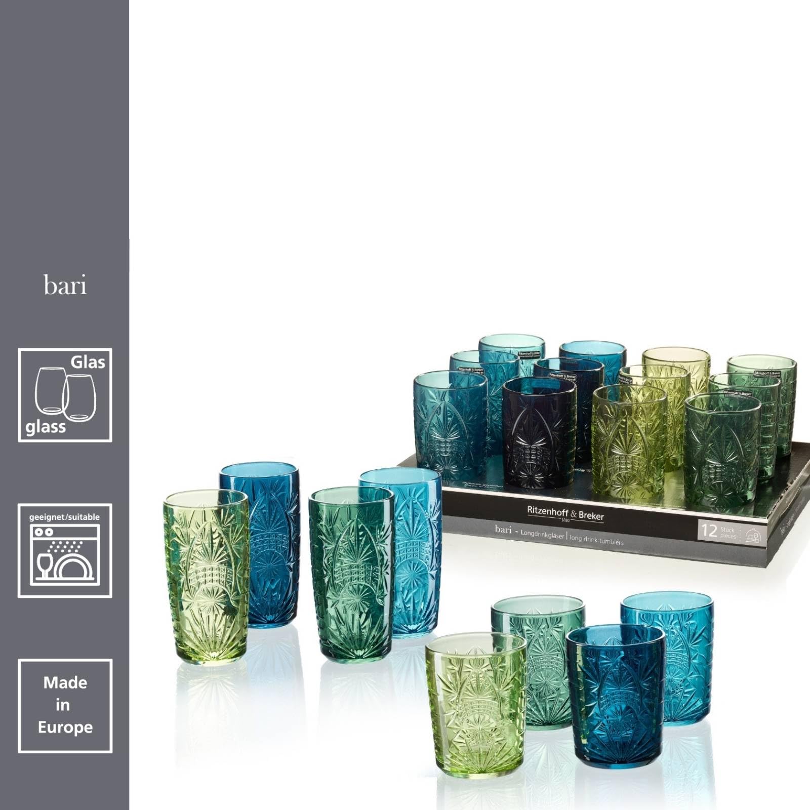 Ritzenhoff & Breker Longdrinkgläser-Set Bari 360 ml | 12-teilig | Bunte Trinkgläser in Blau- und Güntönen, Gläser mit Farnen-Relief, Spülmaschinengeeignet