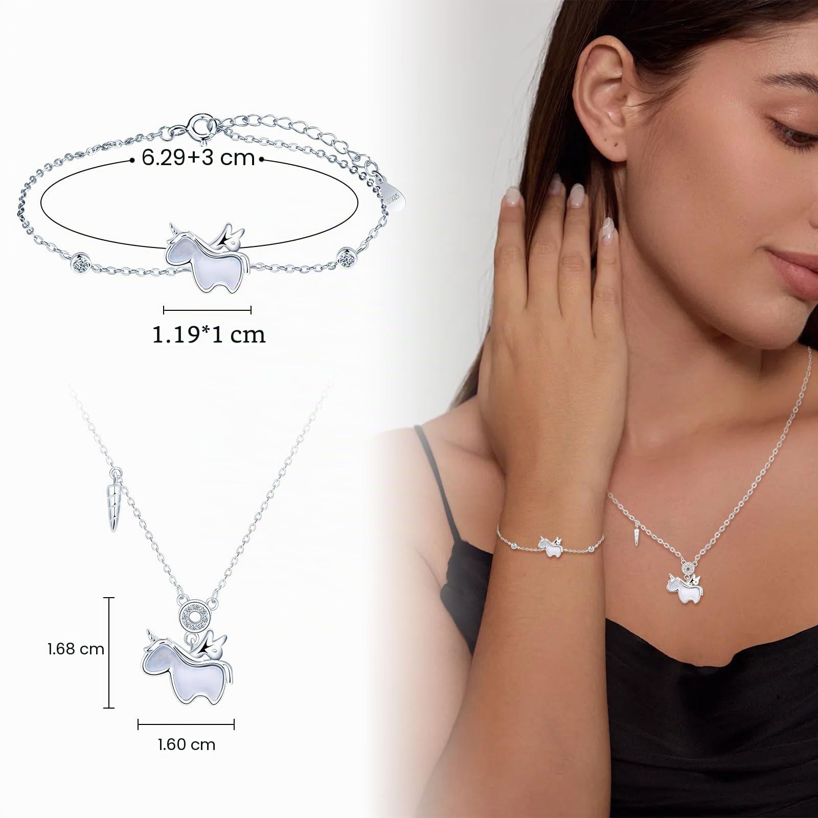 Juegos de Joyas para Mujer y Niñas, Collar y Pulsera de Plata Unicornio, Colgante Unicornio con Madreperla Cadena 39+4cm, Plata de Ley 925 Conjuntos Joyas Fiesta Cóctel