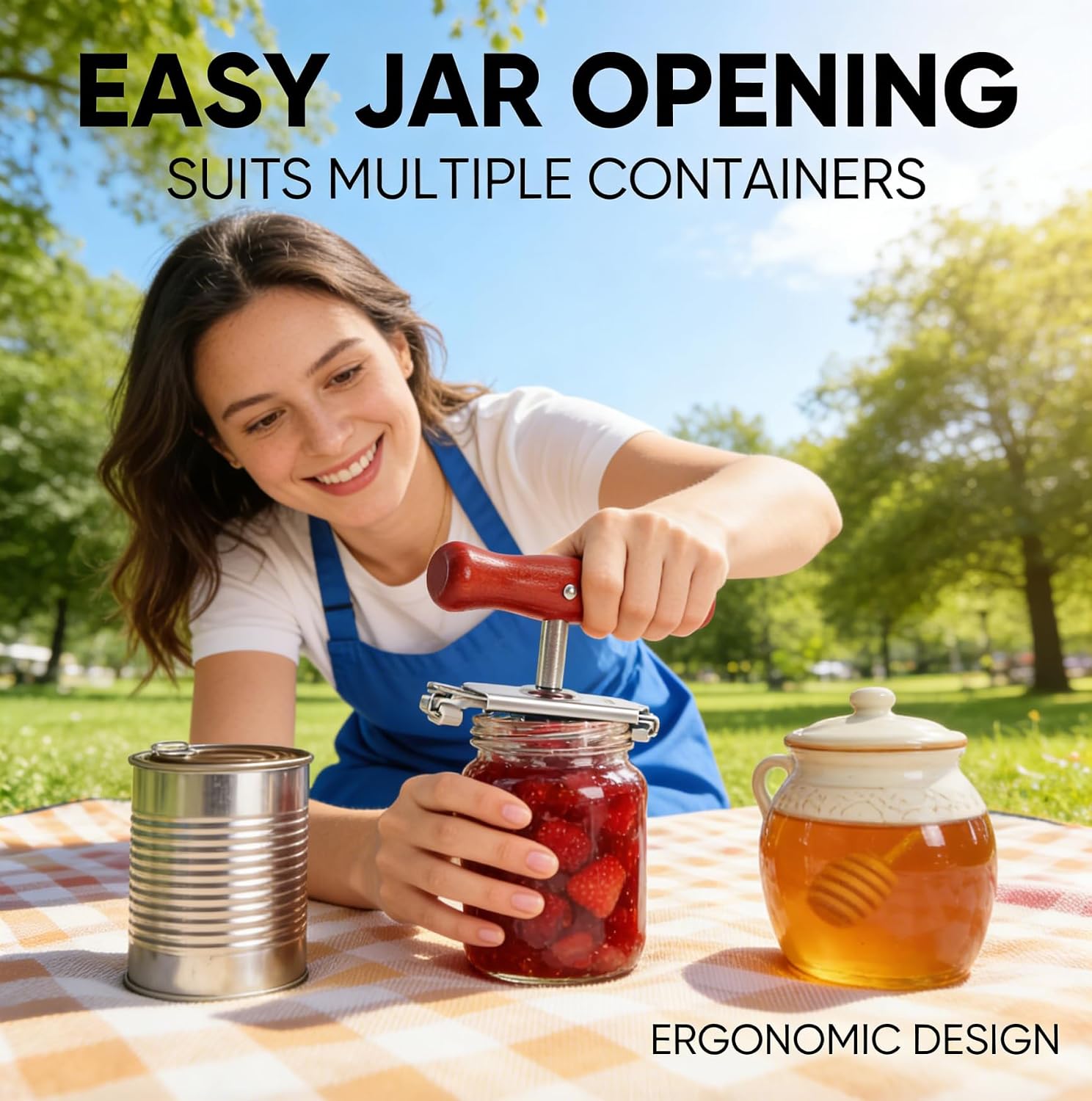 Jar Opener for Seniors with Weak Hands, Adjustable Lid Remover Tool for Jars and Bottles, Heavy Duty Stainless Steel with Wood Handle, Includes 2 Extra Anti-Slip Rubber Grips