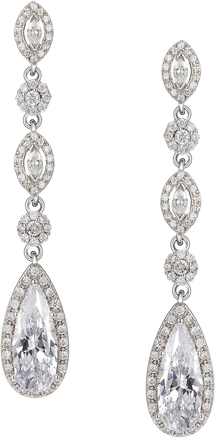 SWEETV Long Pear-Shaped Rose Gold Wedding Birdal Earrings for Brides, Bridesmaids, Crystal Chandelier Dangle Drop Earrings for Women Prom