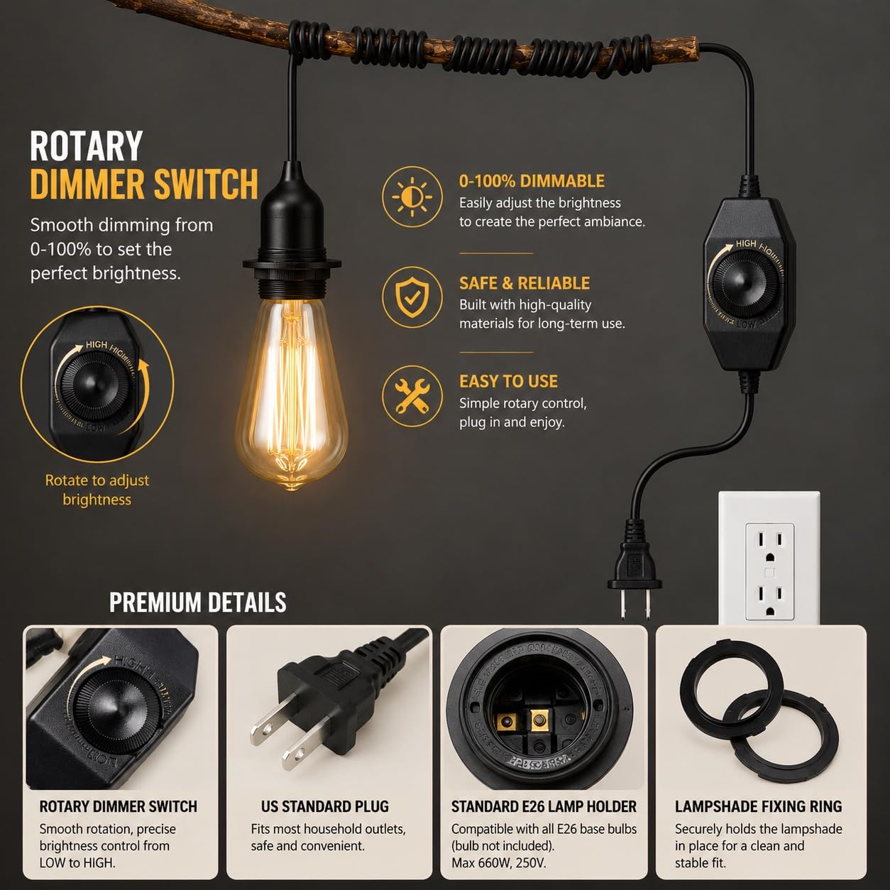 Fabric Cord for Hanging Pendant Lamp Fixture, Lampshades 15 Feet Decorative Braided Flexible Cable E-26/ E-27 Light Bulb Socket & 2 Prong Flat Plug Dimmer Switch with Knob DIY Projects (Black)