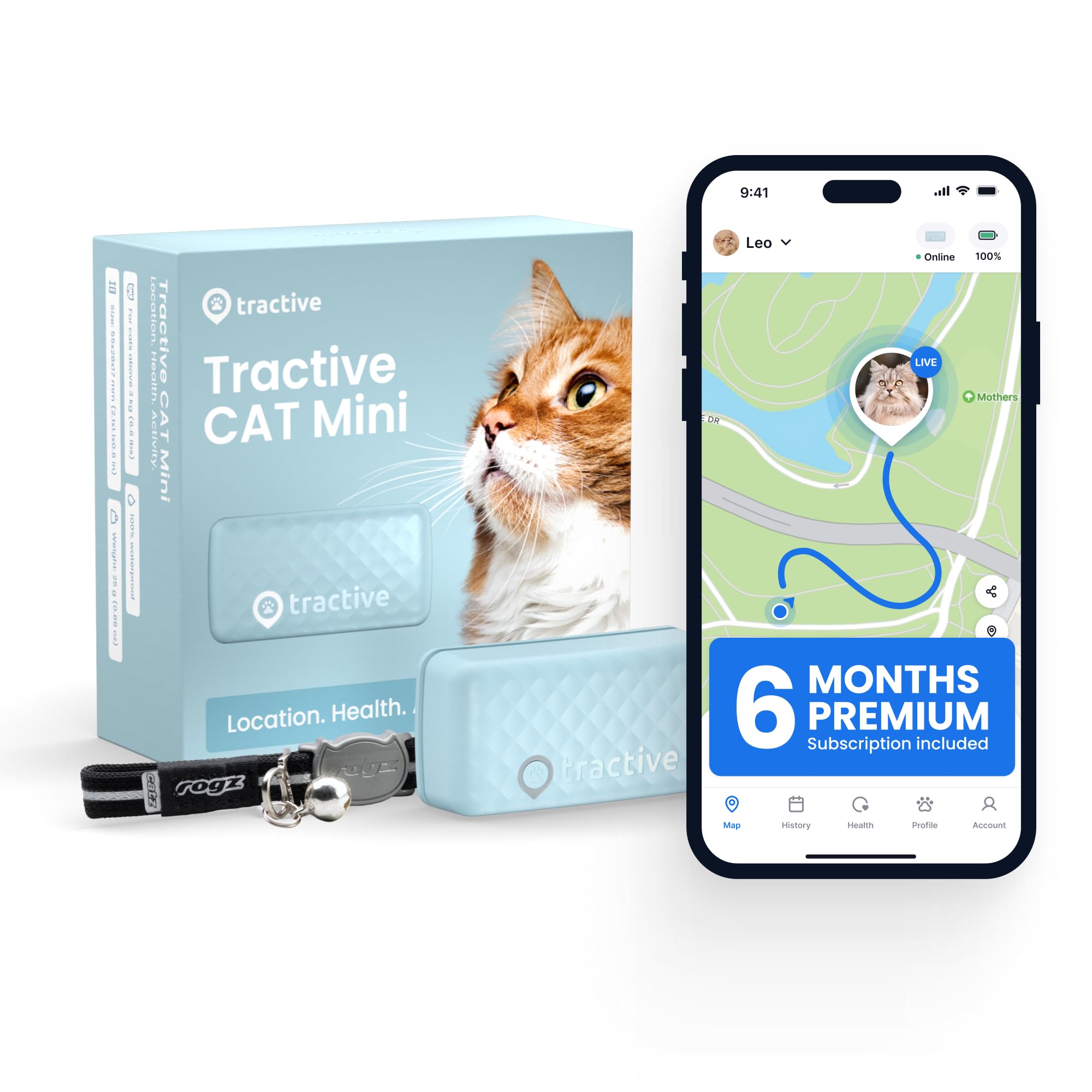 Tractive Smart Cat GPS Tracker with Free 6 Month Subscription | Real-Time Location & Wellness Monitoring for Cats 6.5 lbs+ | Territory & Location