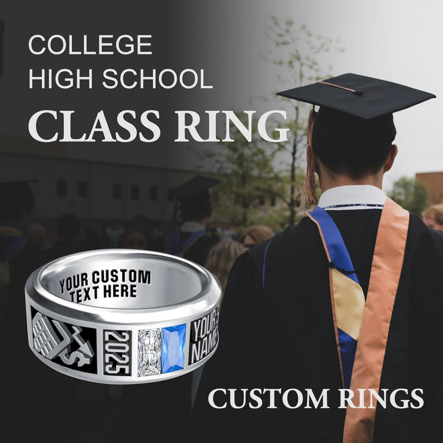 Personalized Class Ring High School College Custom Birthstone Rings 925 Sterling Silver Engraved 2025 Graduation Jewelry Gifts for Men Size 4-15