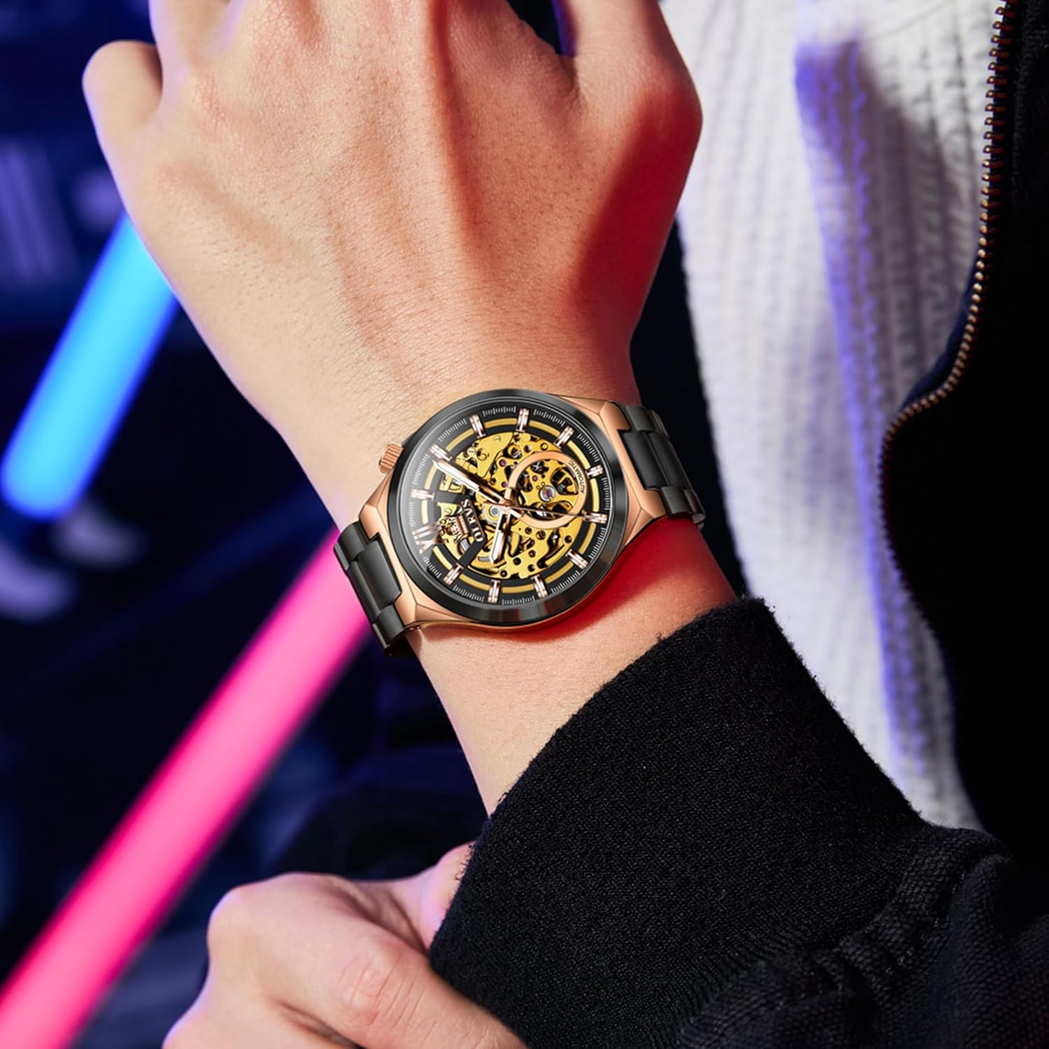 OLEVS Automatic Watch for Men Self-Winding Diamond Waterproof Stainless Steel Wrist Watches Tourbillon Skeleton Mechanical - Image 4