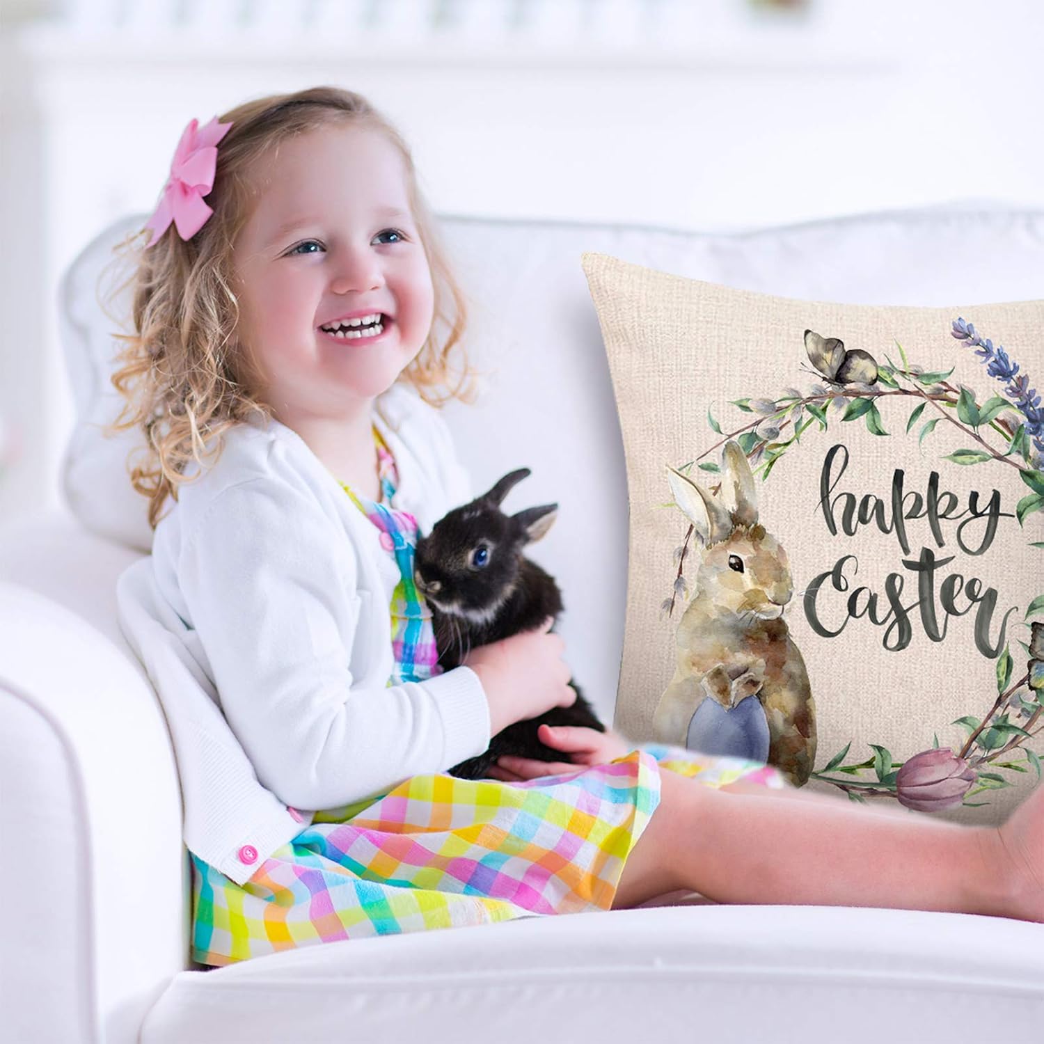 Whaline Easter Pillow Case Rabbit Bunnies with Eggs Canvas Pillow Cover Spring Throw Pillow Cover Cotton Linen Sofa Bed Throw Cushion Cover Decoration, 4 Pieces (20" x 20")