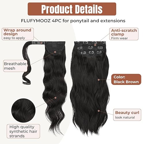 Miniatura 3 de Flufymooz Juego de 4 extensiones de cola de caballo media arriba y media plumón, extensiones de cabello sintético suave para mujer, extensiones de