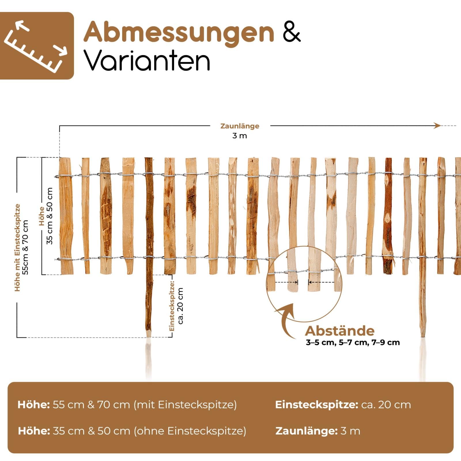BOOGARDI Beeteinfassung Holz · Mini-Zaun in 6 Größen · Staketenzaun 35 cm hoch x 300 cm lang (Lattenabstand 7-9cm) · Garten Beetumrandung Steckzaun · Kleiner Gartenzaun zum Stecken