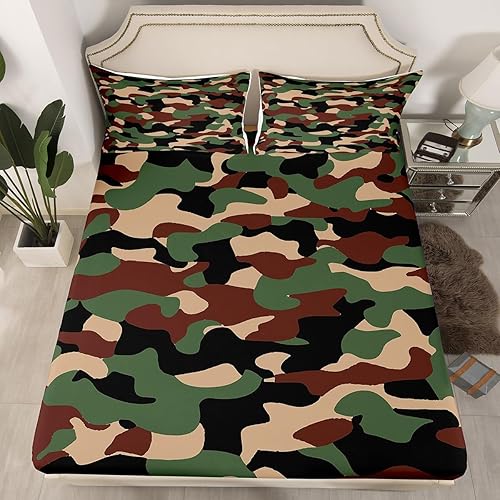 Sábanas de camuflaje para niños, sábanas bajeras de camuflaje verde militar, juego de ropa de cama de camuflaje militar para niños, adolescentes,