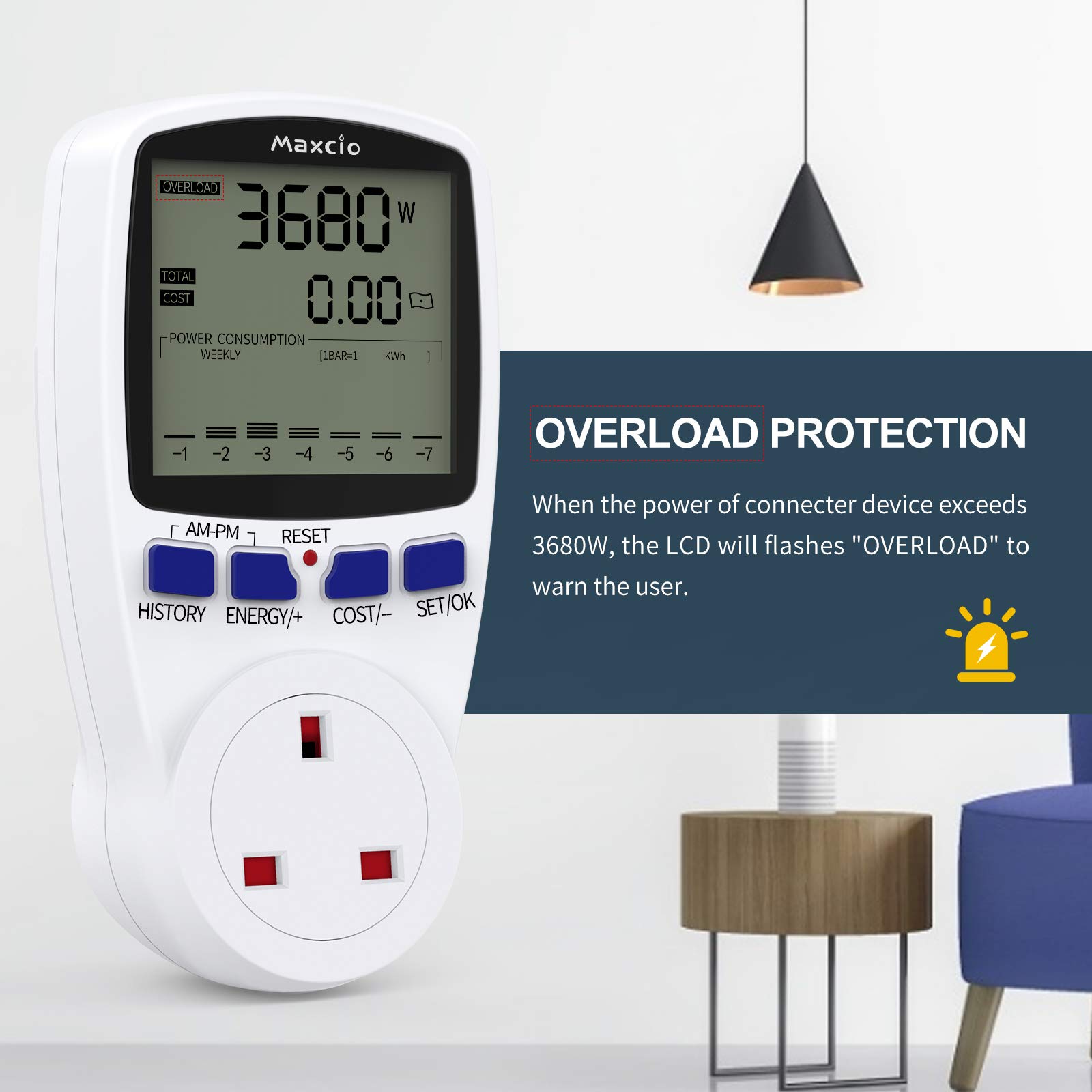 Maxcio Power Meter Energy Monitor Dual Tariffs with LCD Display, 13A