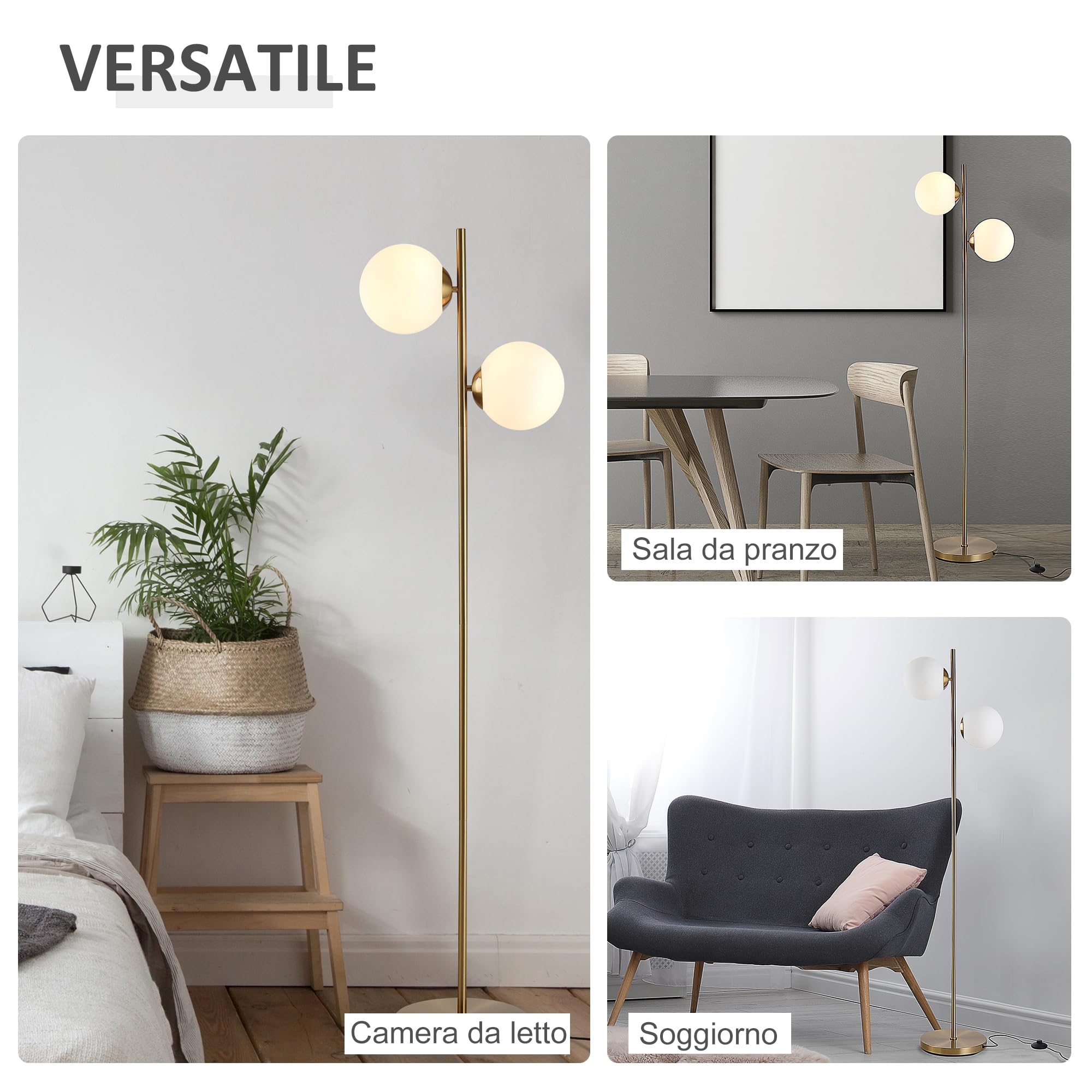 HOMCOM Lampada da Terra con 2 Luci e Paralumi a Sfera, Lampada a Piantana da Pavimento con Interruttore a Pedale, Attacco E27, 39x28x165 cm, Oro