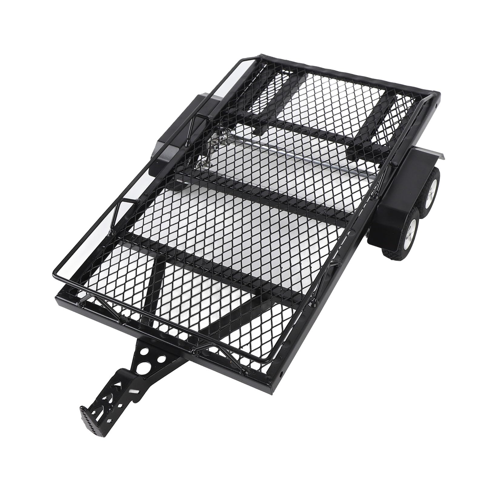 Przyczepka RC z platformą metalową, Solidna Metalowa Rama, Pusta Konstrukcja, 2 Osie, Szeroka kompatybilność z Gąsienicami RC, Zawiera rampę i Hak do Ciągnięcia za Samochodem