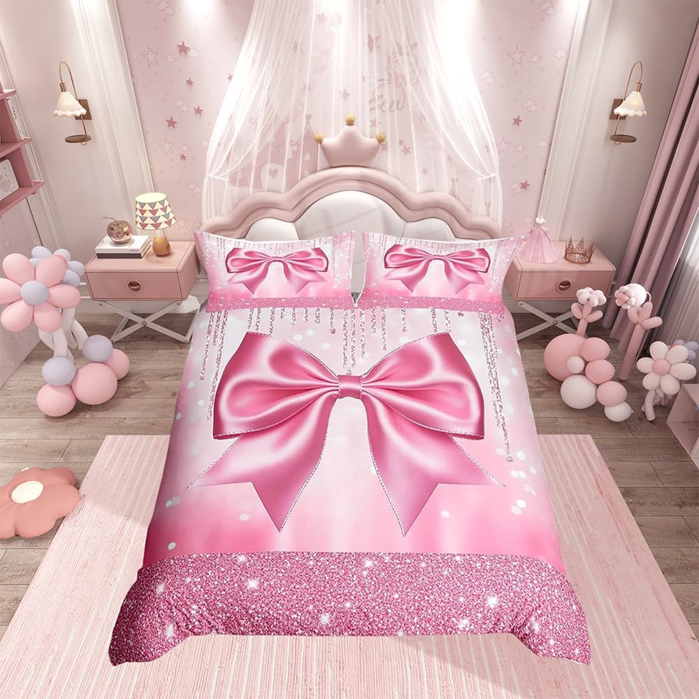 Loussiesd Kids Pink Bowknot Bedding Set Super King Dreamy Princess Comforter Cover Boys Girls Glitter Duvet Cover Watercolor Bow Teens Bedspread Cover Zipper