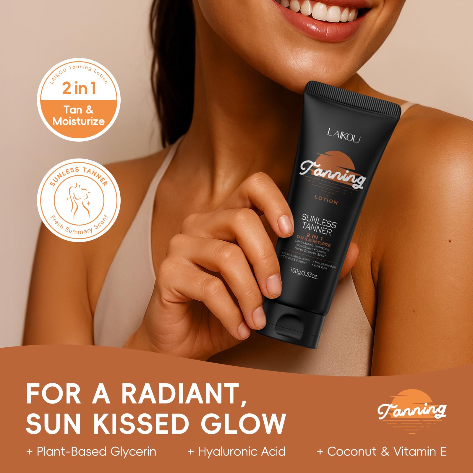 LAIKOU Tanning Lotion 2 x 100g, Natural Sun-Kissed Glow with Coconut Oil, Vitamin E & Shea Butter, Hydrating, Streak-Free - Image 2