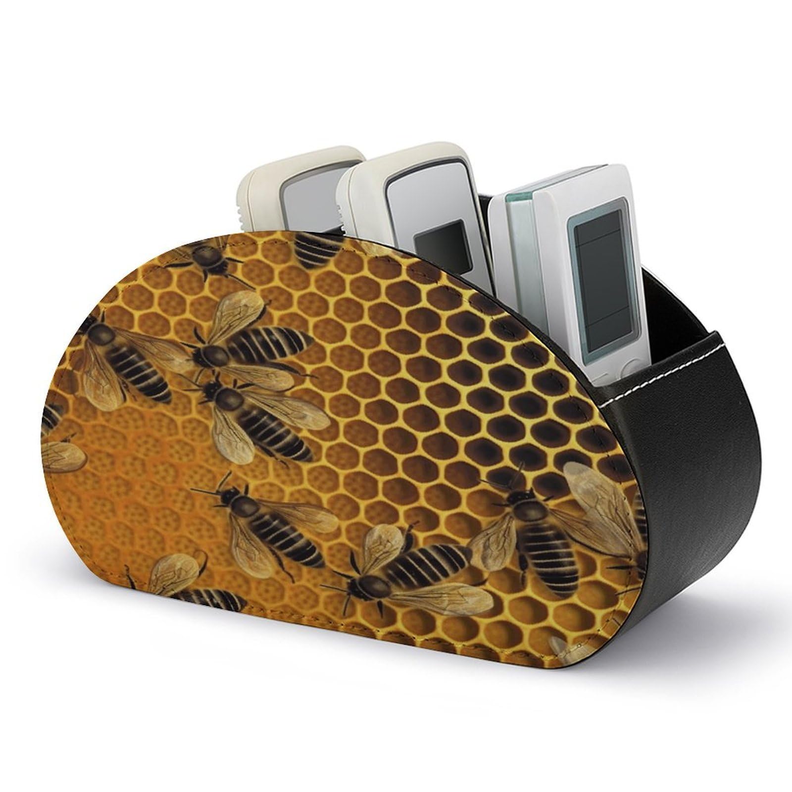 VstaDank Bees on Hive Remote Control Holder Farmhouse TV Media Remote Storage Box with 5 Compartments PU Leather Remote Caddy Desktop Organizer for Home Bedside Table Organizer