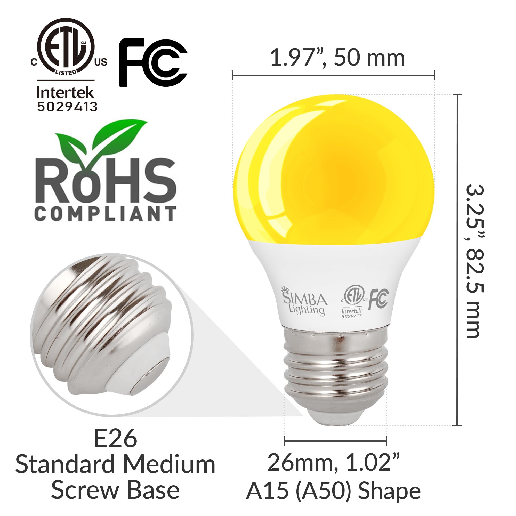 Simba Lighting LED Bug Non-Attracting Yellow Bulb 7W 60W Equivalent (4 Pack), Great for Outdoor Porch Light, Patio, Security, Night Light, Amber Warm Light, Compact A15 Shape E26 Medium Base