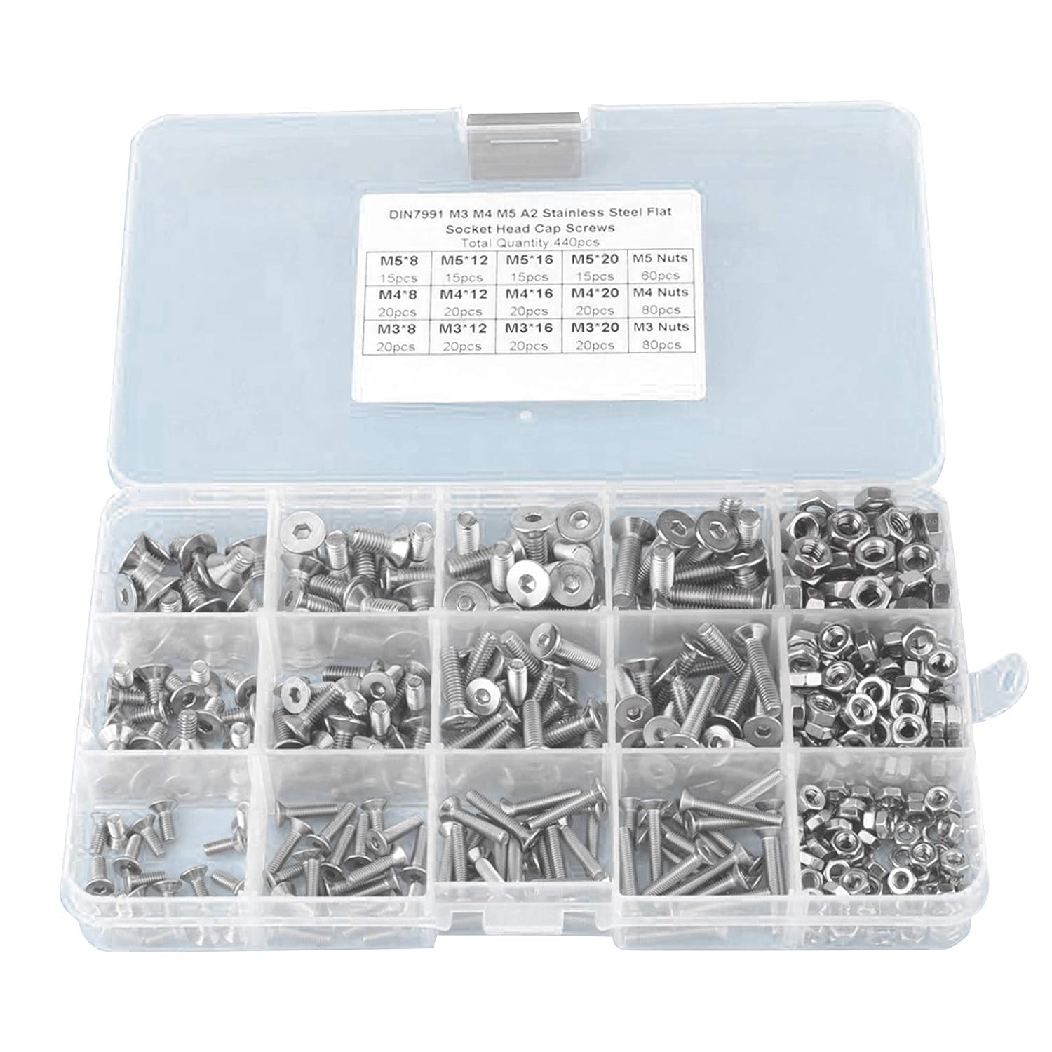 440pcs M3 + M4 + M5 Hex Socket Flat Head Screws Screw Kit Bolts and Nuts with Storage Box, Stainless Steel