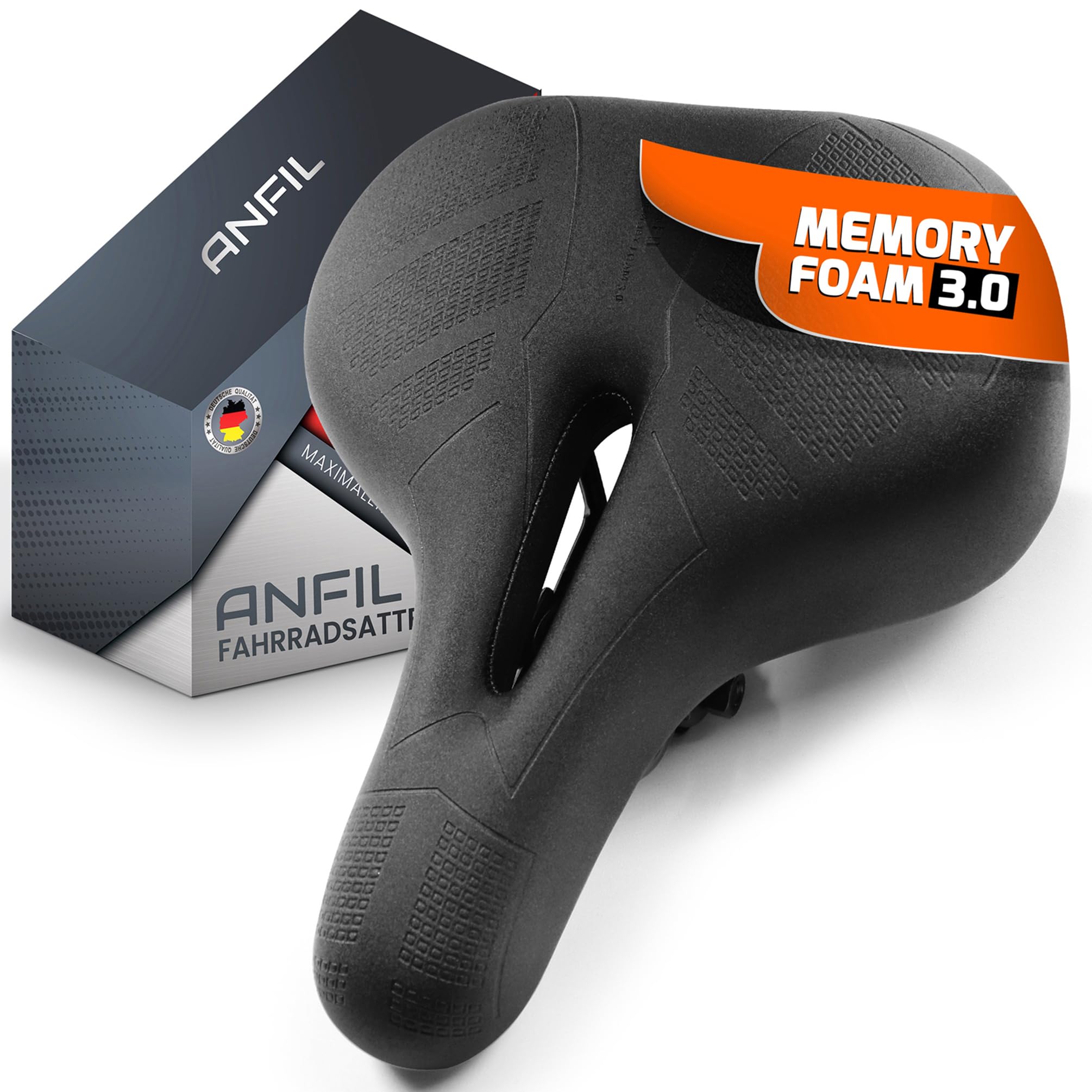 ANFIL® Selle de vélo – Confort de conduite maximal – Selle de vélo ergonomique avec mousse à mémoire de forme 3.0 – Pour homme et femme – Confortable et douce – Avec ANFIL® Selle de vélo – Confort de conduite maximal – Selle de vélo ergonomique avec mousse à mémoire de forme 3.0 – Pour homme et femme – Confortable et douce – Avec