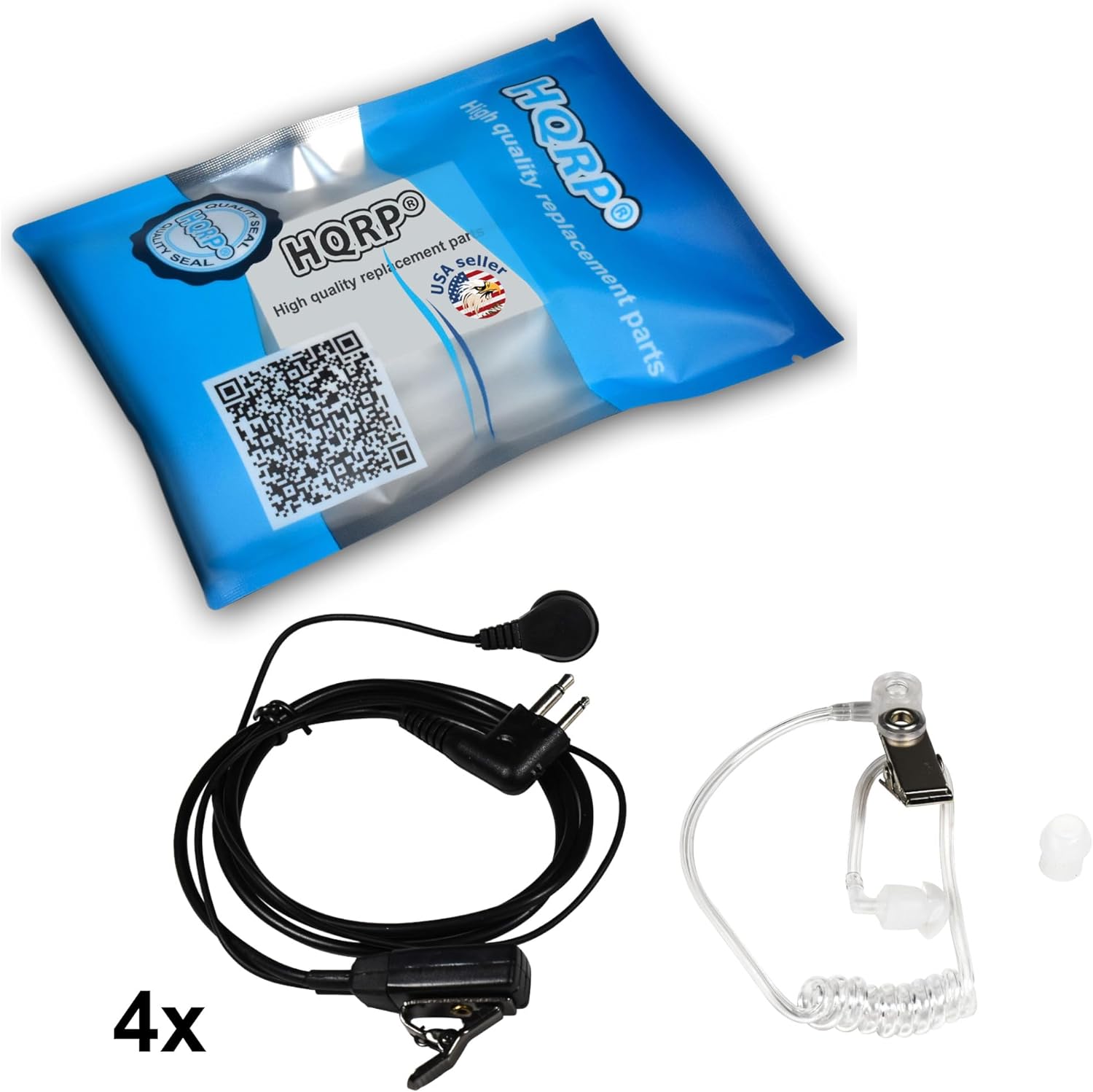 HQRP 4-Pack Hands Free 2-Pin Headset with Earpiece and Microphone Compatible with Motorola Radio Devices GP2100 / GP3188 / GP3688 / HT850 / P040 / P080 / P110 / P1225 / P1225LS / PR400 / PMR446