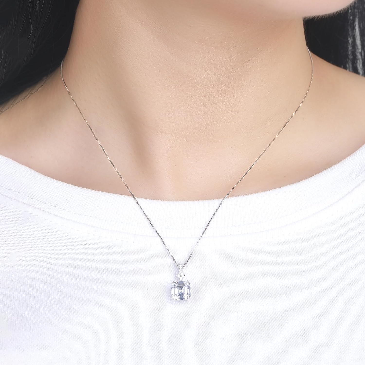 Sterling Silver Diamond Necklaces for Women, 8 * 8mm Cushion Cut Lab Synthetic Diamond Pendant White Gold Plated Jewelry Gifts for Women - Image 4