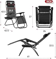 Vista 3 de PayLessHere Juego de 2 sillas de descanso ajustables de gravedad cero, silla de playa plegable con almohada extraíble y soporte para tazas para Negro