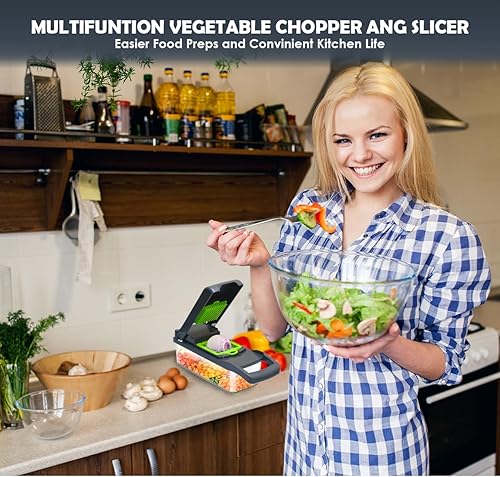 Miniatura 6 de Cortador de verduras con mandolina y cebolla  Cortador de verduras multifuncional 16 en 1 con contenedor  8 cuchillas de corte de acero inoxidable