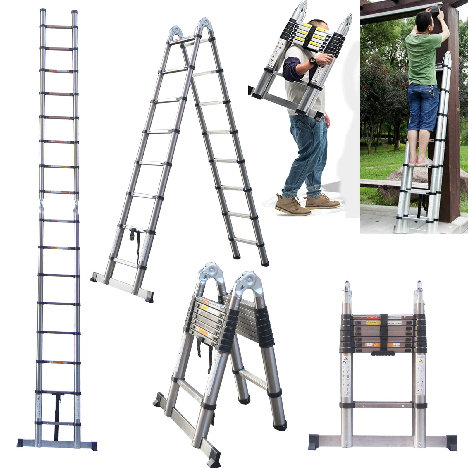 Mult-Purpose Folding Loft Ladder 5M/16.4FT, Telescopic Extension Ladders Heavy Duty Stainless Steel Portable Extendable Step Attic Ladder A-Frame/Straight Ladder, Max Load 150kg, EN131 Standard — image 1