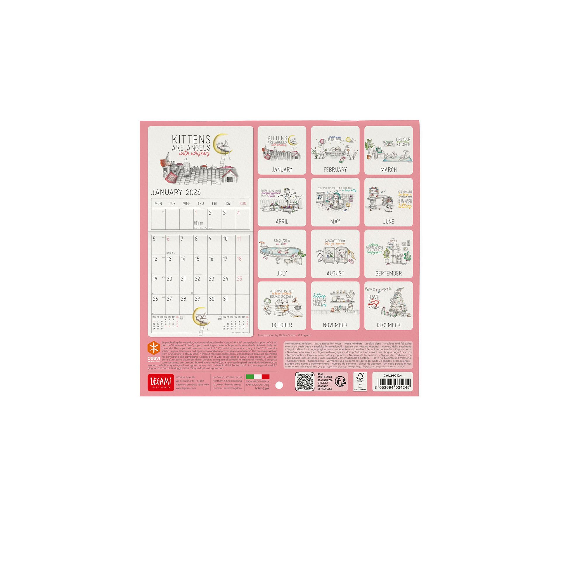 Calendrier Mural 2026 - Chats - 18x18 Cm - Multilingue - Fêtes & Signes Du Zodiaque