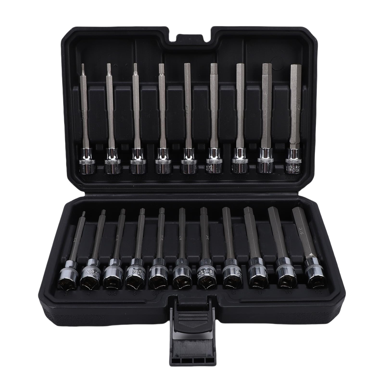 Fdit Set da 20 Pezzi di Prese Esagonali Extra Lunghe per Attacco 3/8 Pollici, Metrico 6-24mm SAE 1/8-7/16 Pollici, Acciaio Legato S2 110mm con Custodia Stampata per Riparazioni