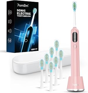 7AM2M Sonic Electric Toothbrush for Adults&Kids, 8 Brush Heads&Travel Case | 40000VPM Powered Rechargeable Toothbrush, One Charge for 365 Uses, Type-C, 5 Modes, Smart Timer, IPX7 Waterproof, Pink