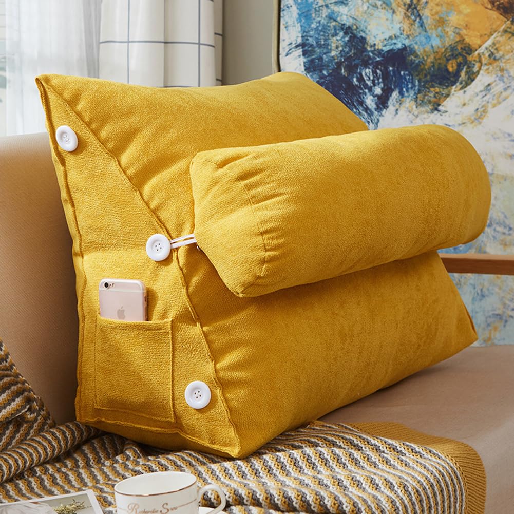 Cojín de lectura triangular de posicionamiento, almohada ergonómica para sofá con soporte para el cuello, cojín de respaldo para relajarse en casa y oficina (amarillo, 45 x 22 x 50 cm, con soporte