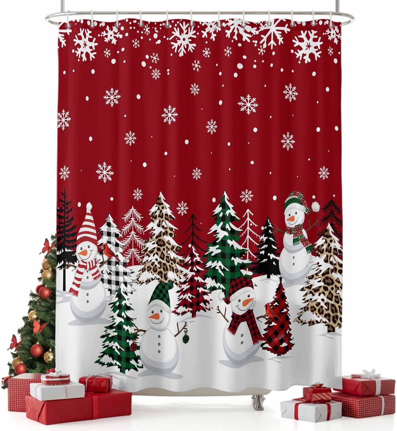 Red Christmas Snowman Shower Curtain Set - Standard 72" x 72" Xmas Tree Washable Bathtub Curtain, Winter Snowflake Waterproof Fabric Stall Shower Curtains for Bathroom/Bathtub Décor