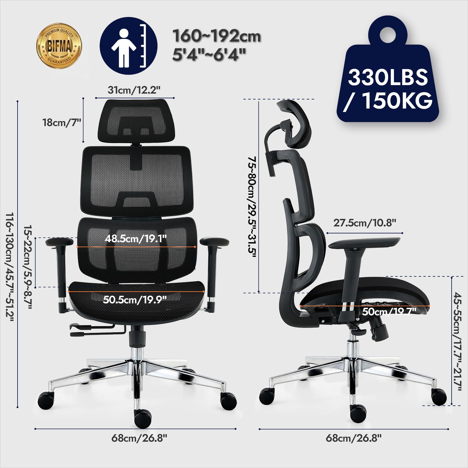 Chaise de Bureau, Fauteuil Ergonomique Professionnel - Dossier Mesh Respirant, Inclinaison 130°, accoudoirs 3D et Assise réglable - Pivotant, roulettes, 150 kg