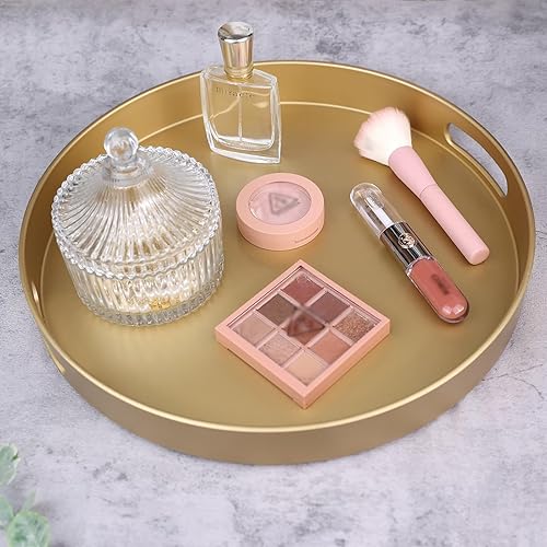 Miniatura 7 de Bandeja decorativa redonda dorada con asas, bandeja otomana versátil de 13 pulgadas para mesa de café, entretenimiento, patio al aire libre, sala de