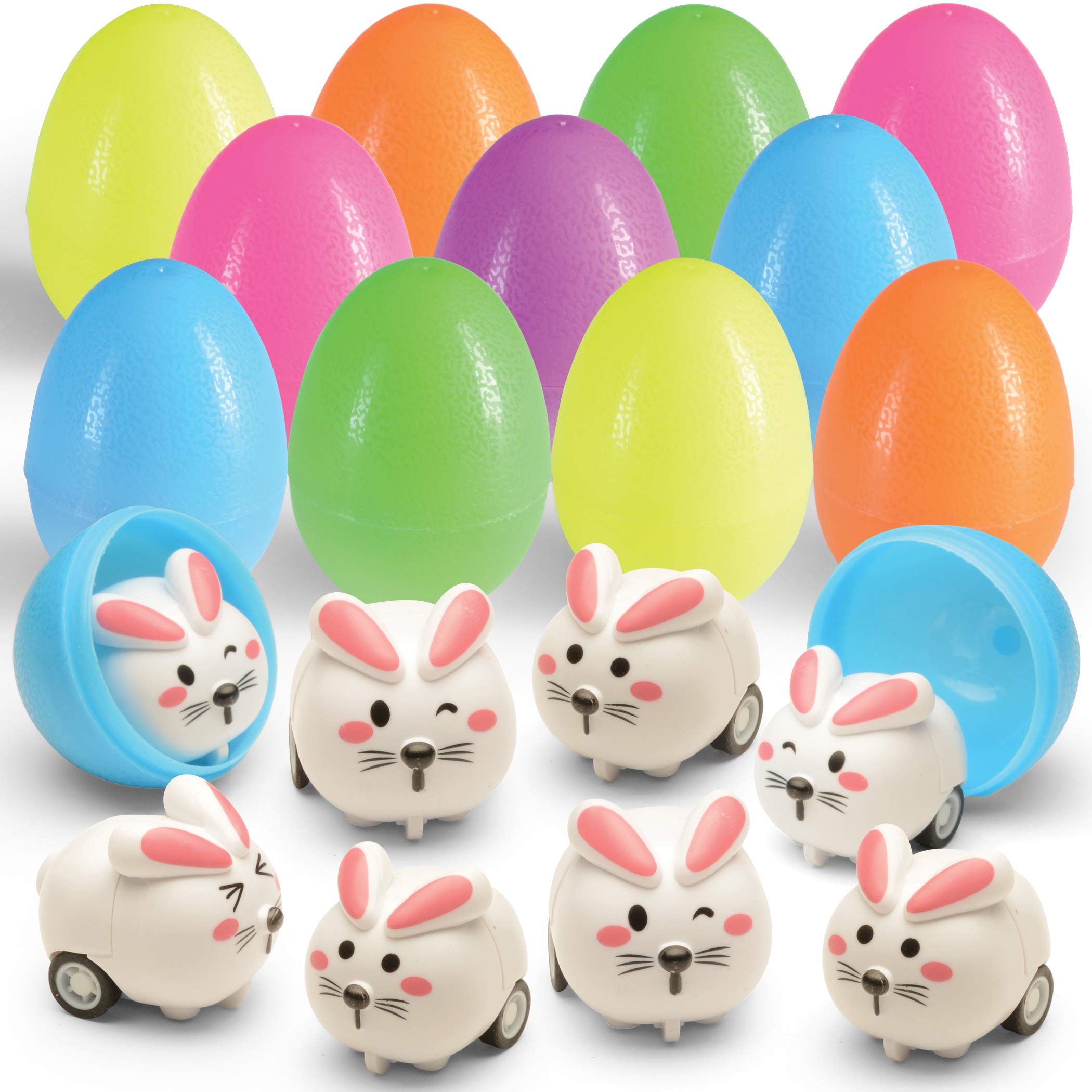 PRETEX Toy Filled Eggs Pull n Go Easter Bunnies - Set of 6 Pre Filled Easter Eggs and Basket Stuffers or Party Favors - Adorable Bunny Toys for Kids