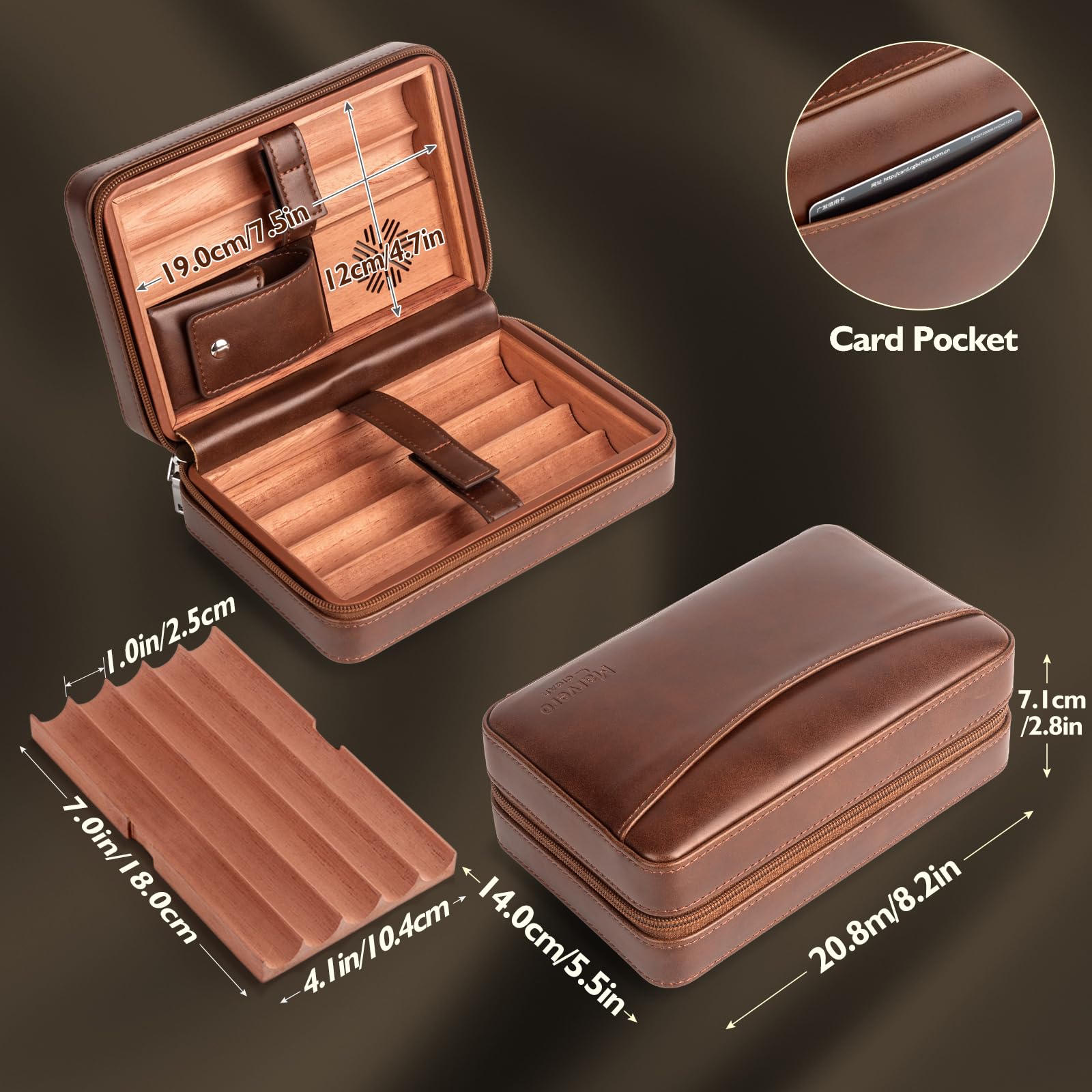 Humidor do cygar, skórzana obudowa na cygara z drewna cedrowego, skórzana obudowa na cygara do podróży z zapalniczką do cygar, nawilżaczem, nożyczkami do cygar, dziurkowaniem do cygar 3-w-1 |