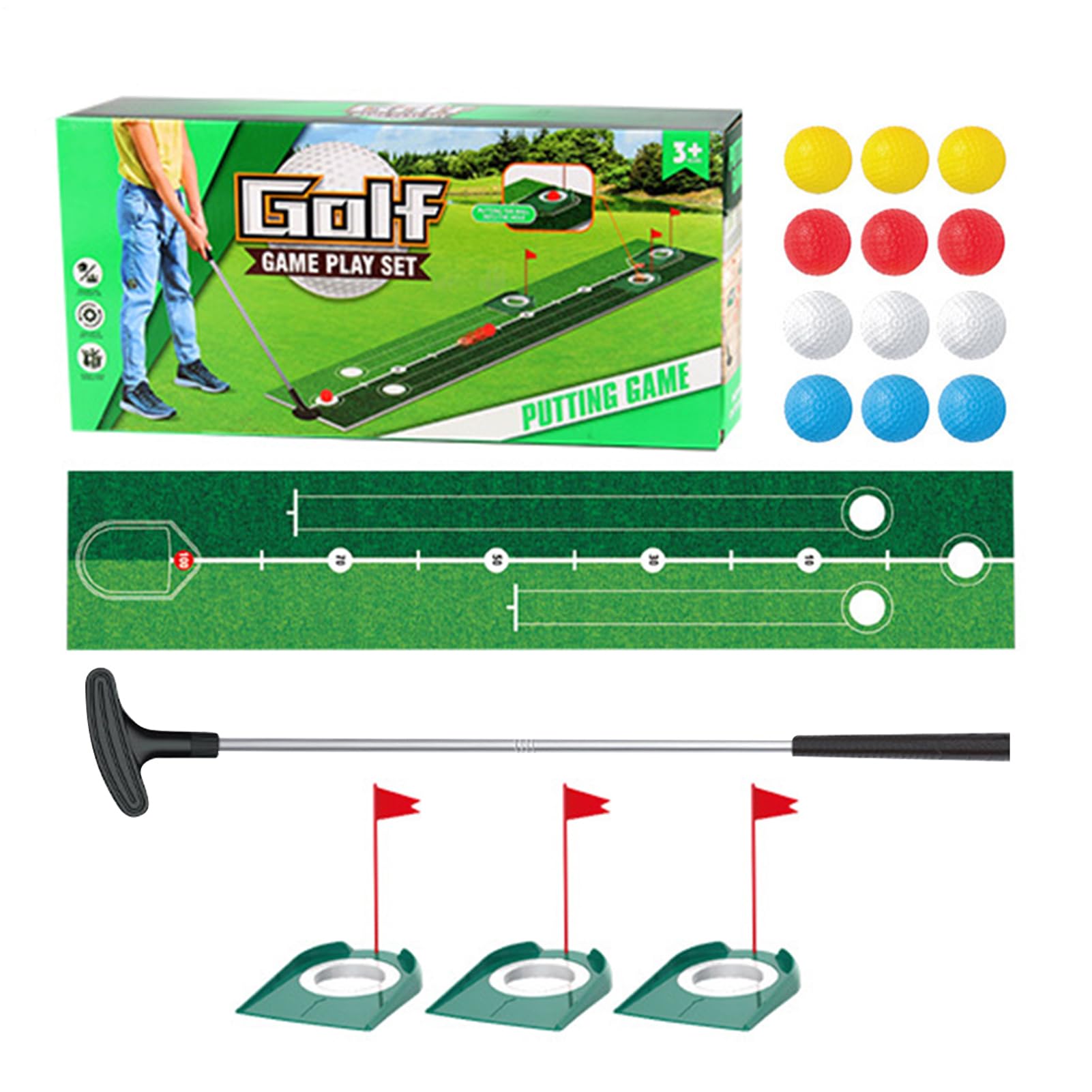 Tappeto Putting per Interni | Set Allenamento Golf per Esterni con Tappeto,Attrezzatura Portatile con Mazze, Buche e Palle per Allenamento in Interni, Giardino, Esterno per Famiglia