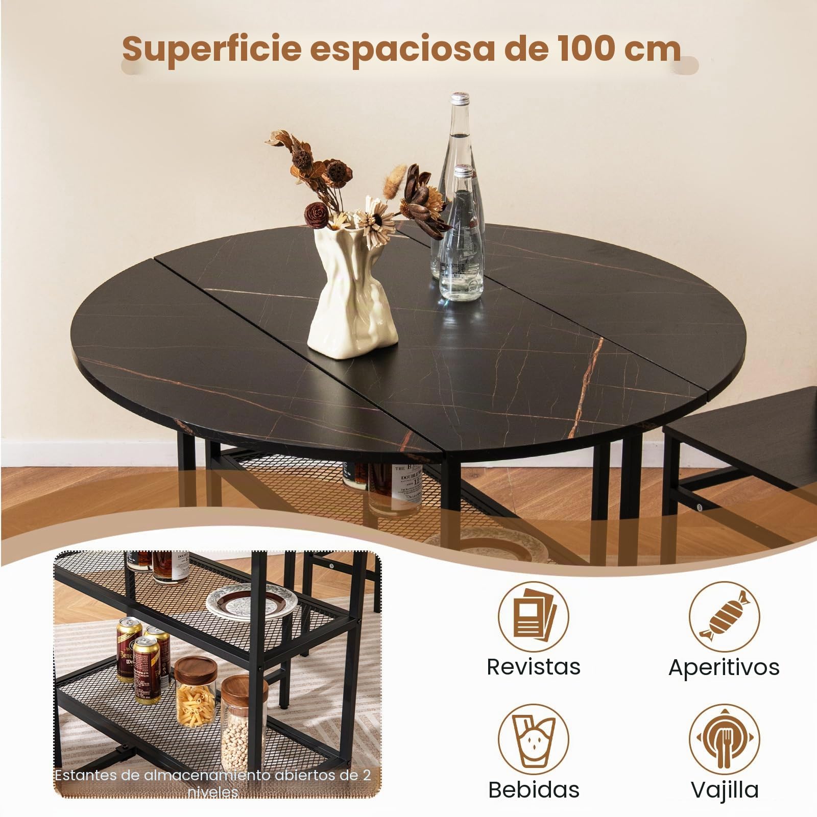 LIFEZEAL Mesa de Comedor Redonda, 100 cm, Mesa de Cocina Moderna con Bandeja Abatible, Estructura de Mármol, Marco de Metal, Mueble Extensible Plegable para el Interior con 2 Ruedas (Negro)