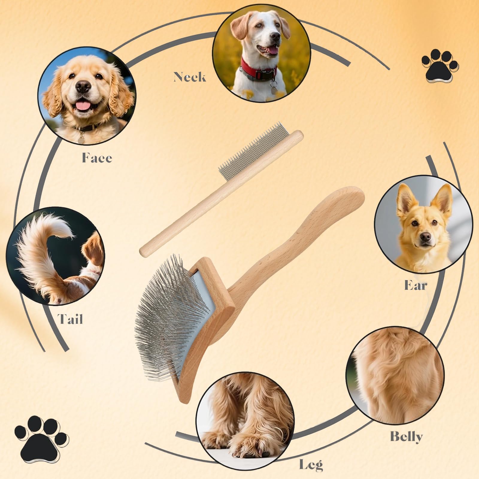Cepillo Perro Pelo Largo con Mango de Madera Curvo, Cepillo y Peine para Quitar Nudos y Subpelo, Para Perros y Gatos de Pelo Medio/Largo como Golden Retriever, Pastor Alemán, Persa