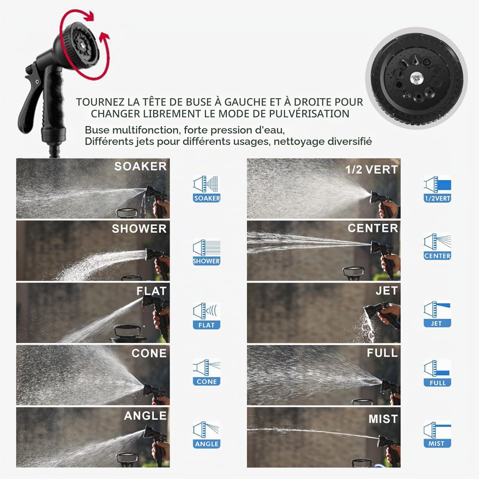 Pulvérisateur à pression portable de 8 L, 10 modes de pulvérisation, avec tuyau amovible et pommeau de douche, pour camping, randonnée, jardin (18 x 55,5 cm)