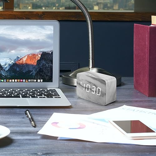 Miniatura 6 de Oct17 Reloj despertador con diseño de mármol, multifunción, LED, con fuente de alimentación USB, control de voz, temporizador, termómetro
