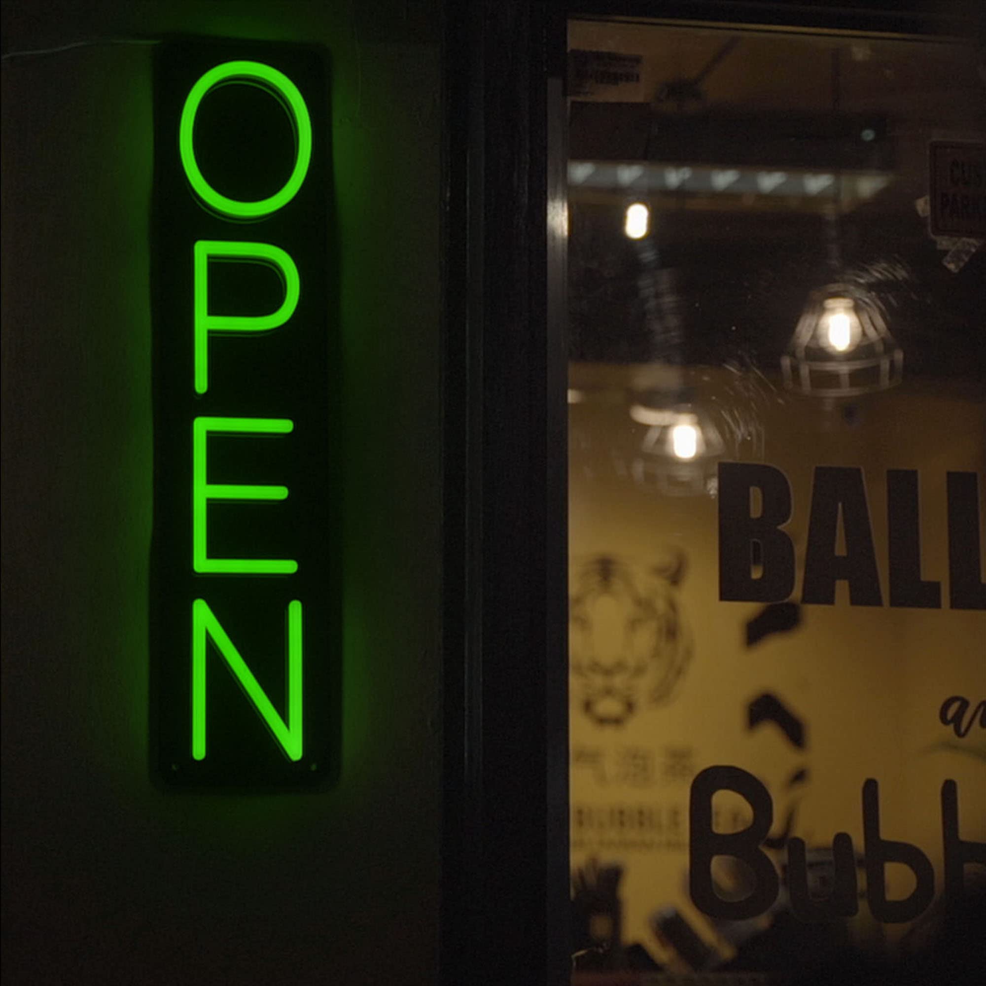 Vertical Neon Open Sign, 26inx5in Vertical LED Open Sign for Business, Bar, Shop Windows, Restaurant Storefront, Direct Plugin w/ 12V Adapter & Remote Control w/ 6 Modes (Green)