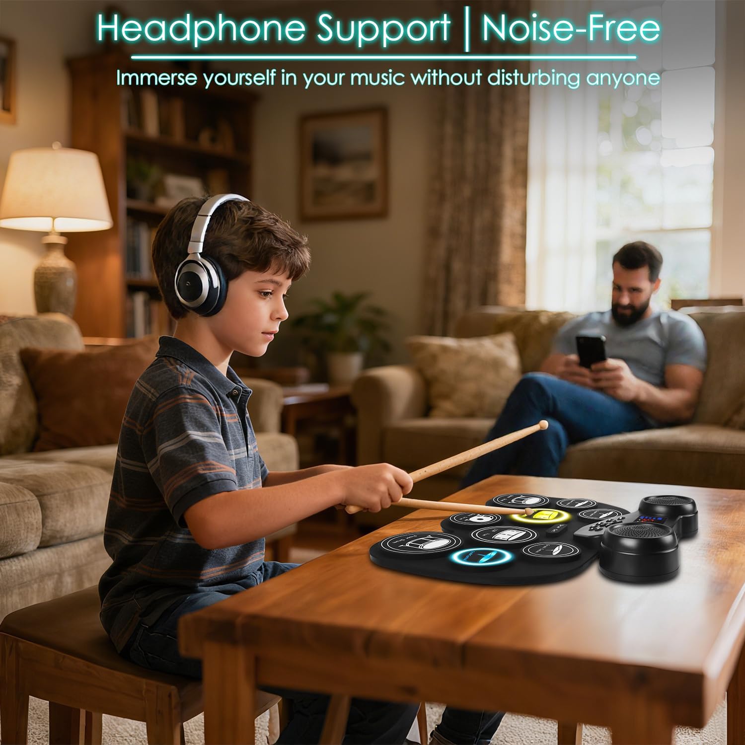 Electronic Drum Set with 7-Color LED Light Show on Strike, 9-Pad Electric Drums Set Bluetooth MIDI Support, Extra-thick Electric Drum Pads for Better Rebound, Perfect Christmas/Birthday Gift for Kids - Image 6