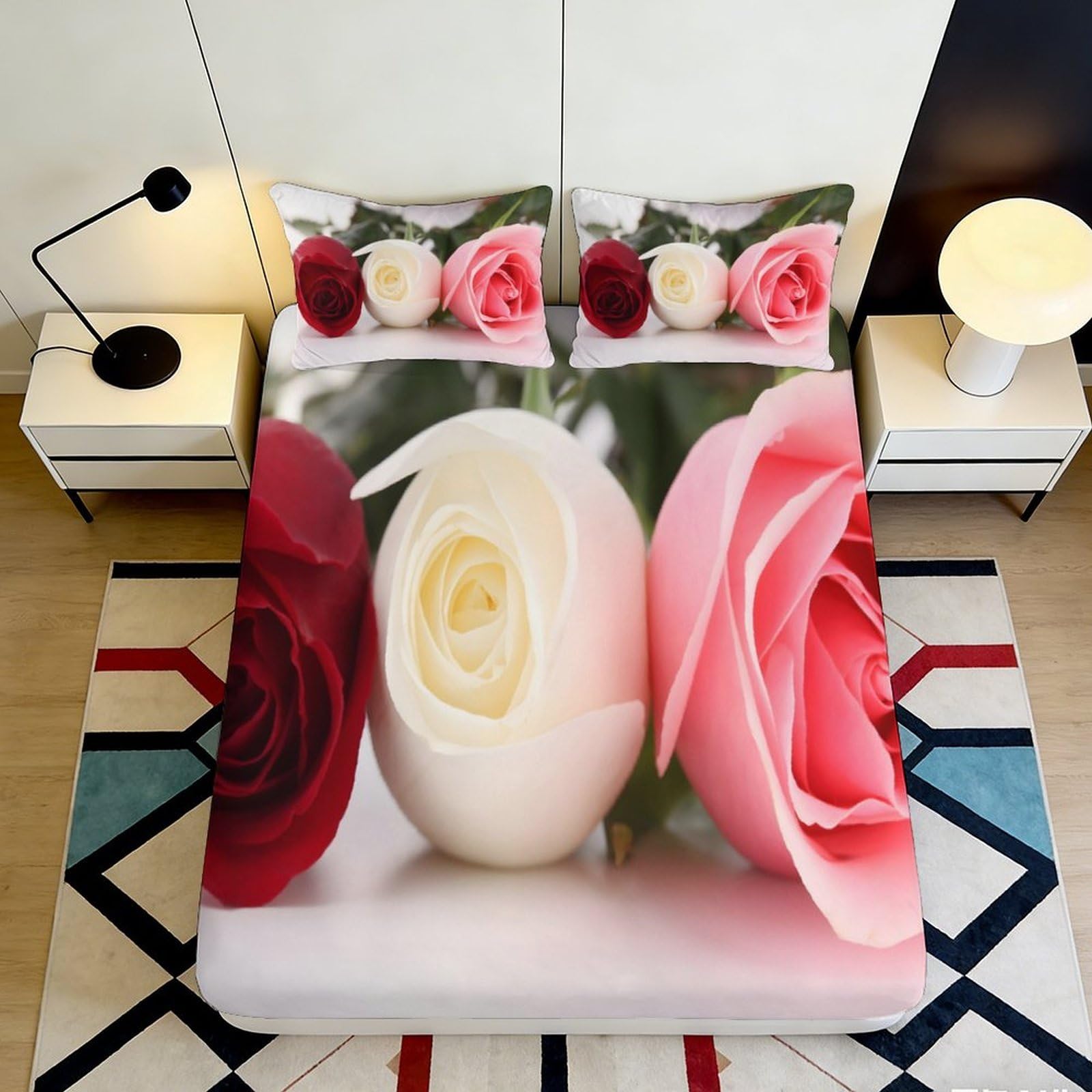 Pnayamiorkfel Style-5 3D Printed Romantic Red White Pink Rose Fitted Sheet Microfiber Soft Anti-Slip Bed Cover For Bedroom Guest Room Decor 90X200x25cm